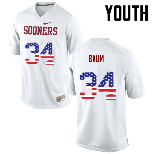 Youth Oklahoma Sooners #34 Tanner Baum College Football USA Flag Fashion Jerseys-White - Click Image to Close